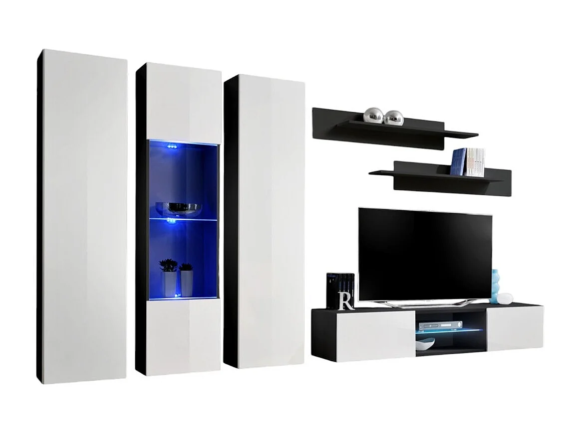 Ensemble Meuble TV FLY P5 avec LED. Coloris noir et blanc. Meubles suspendus design pour votre salon.