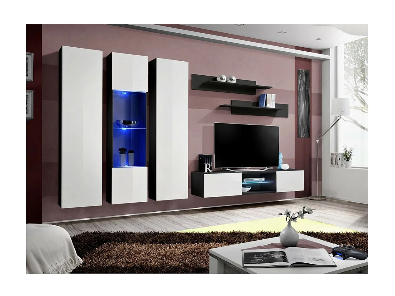 Ensemble Meuble TV FLY P5 avec LED. Coloris noir et blanc. Meubles suspendus design pour votre salon.