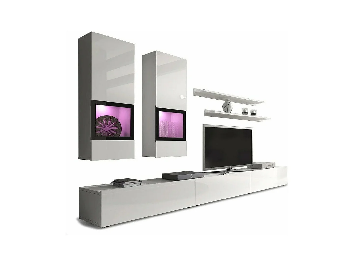 Wandmeubel RAMOS - Glanzend witte kleur - Multikleuren LED, extra groot TV-meubel, vitrines en planken