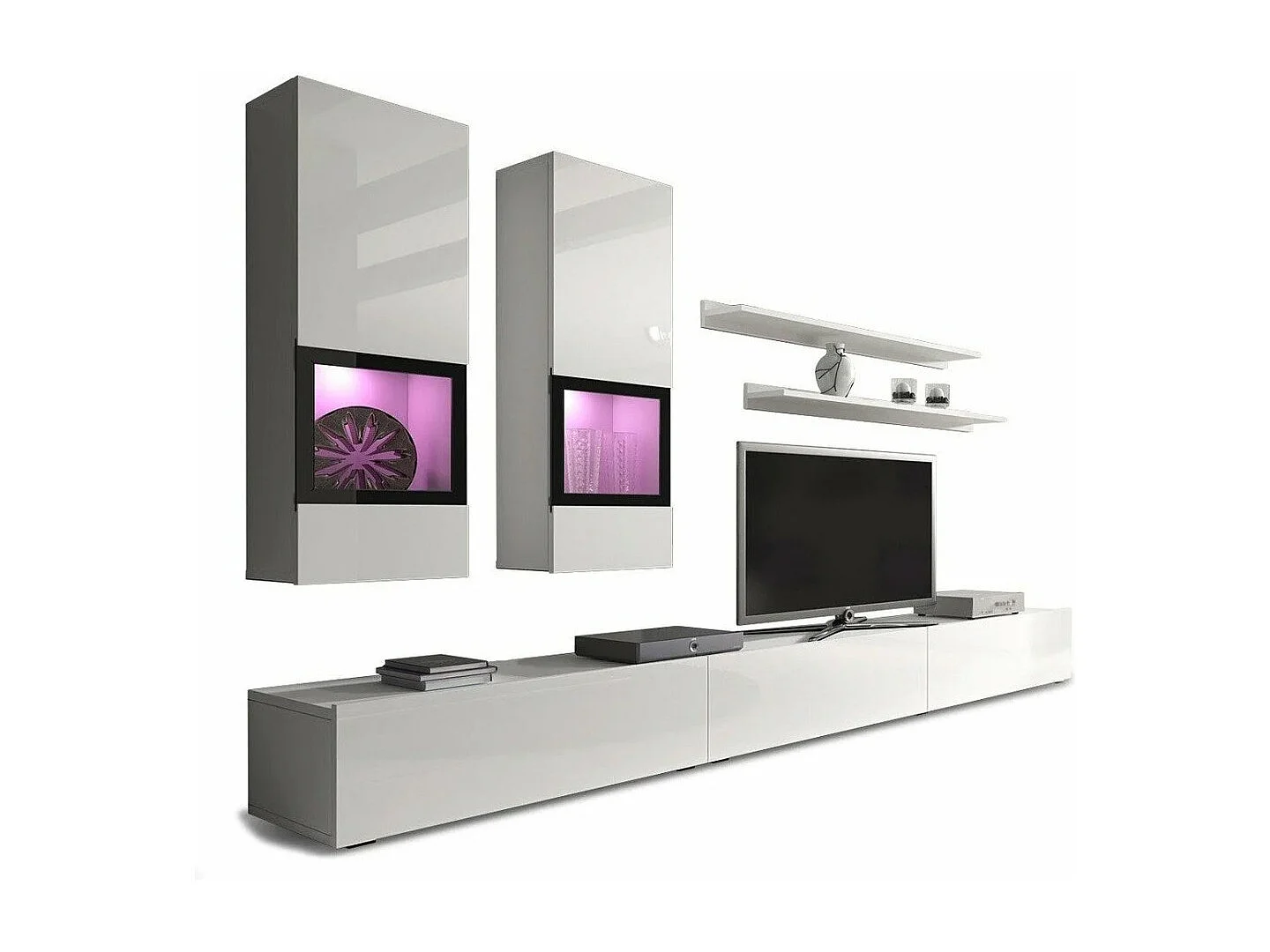 Composition murale RAMOS – Coloris blanc brillant – LED multicolores, meuble TV XL, vitrines et étagères