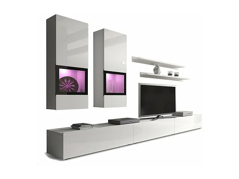 Composition murale RAMOS – Coloris blanc brillant – LED multicolores, meuble TV XL, vitrines et étagères