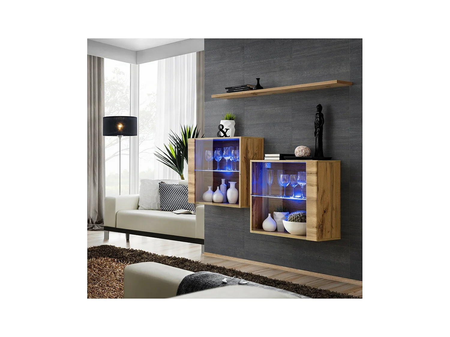 Salonmeubelset SWITCH SBIII design, Wotan eiken kleur en glazen deur met geïntegreerd LED-systeem.