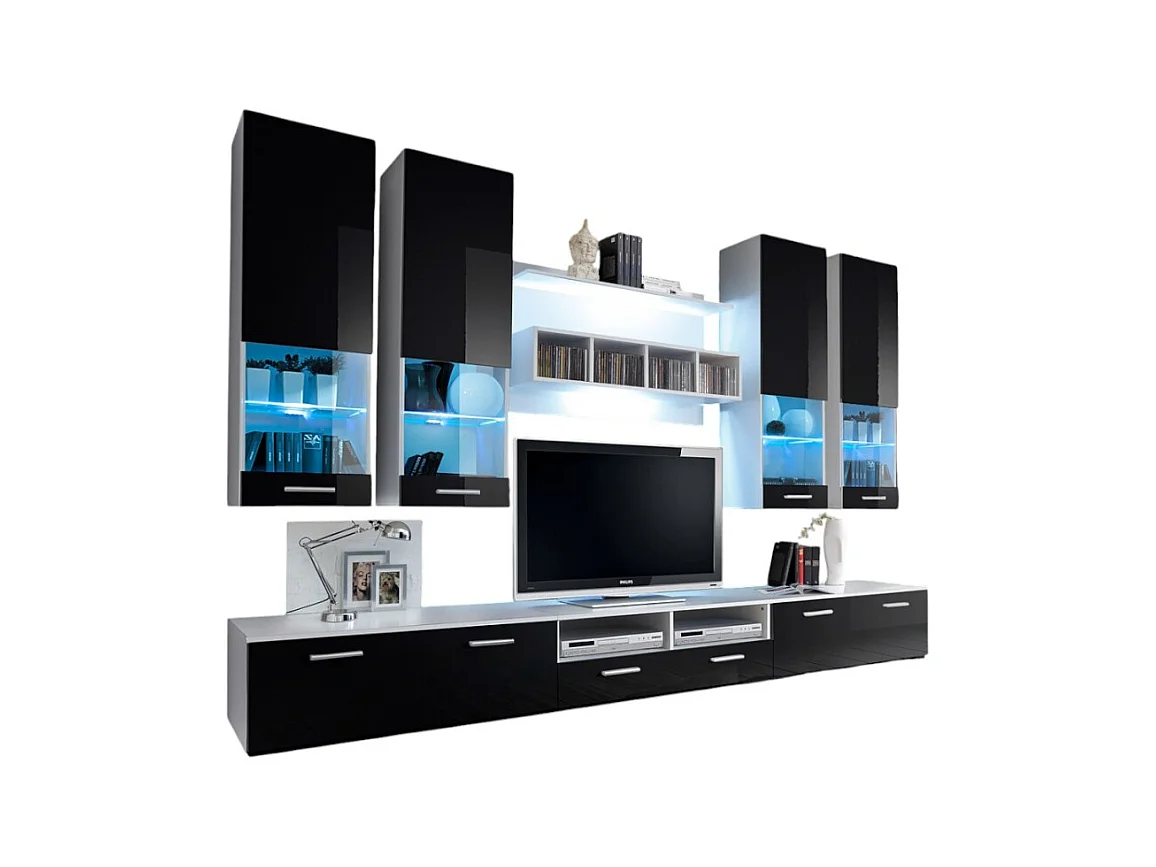 Design-TV-Möbel Zusammenstellung SAGA Kollektion. Farben Weiß und Schwarz.