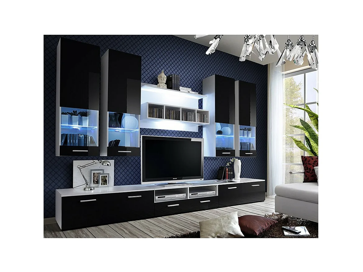 Design-TV-Möbel Zusammenstellung SAGA Kollektion. Farben Weiß und Schwarz.