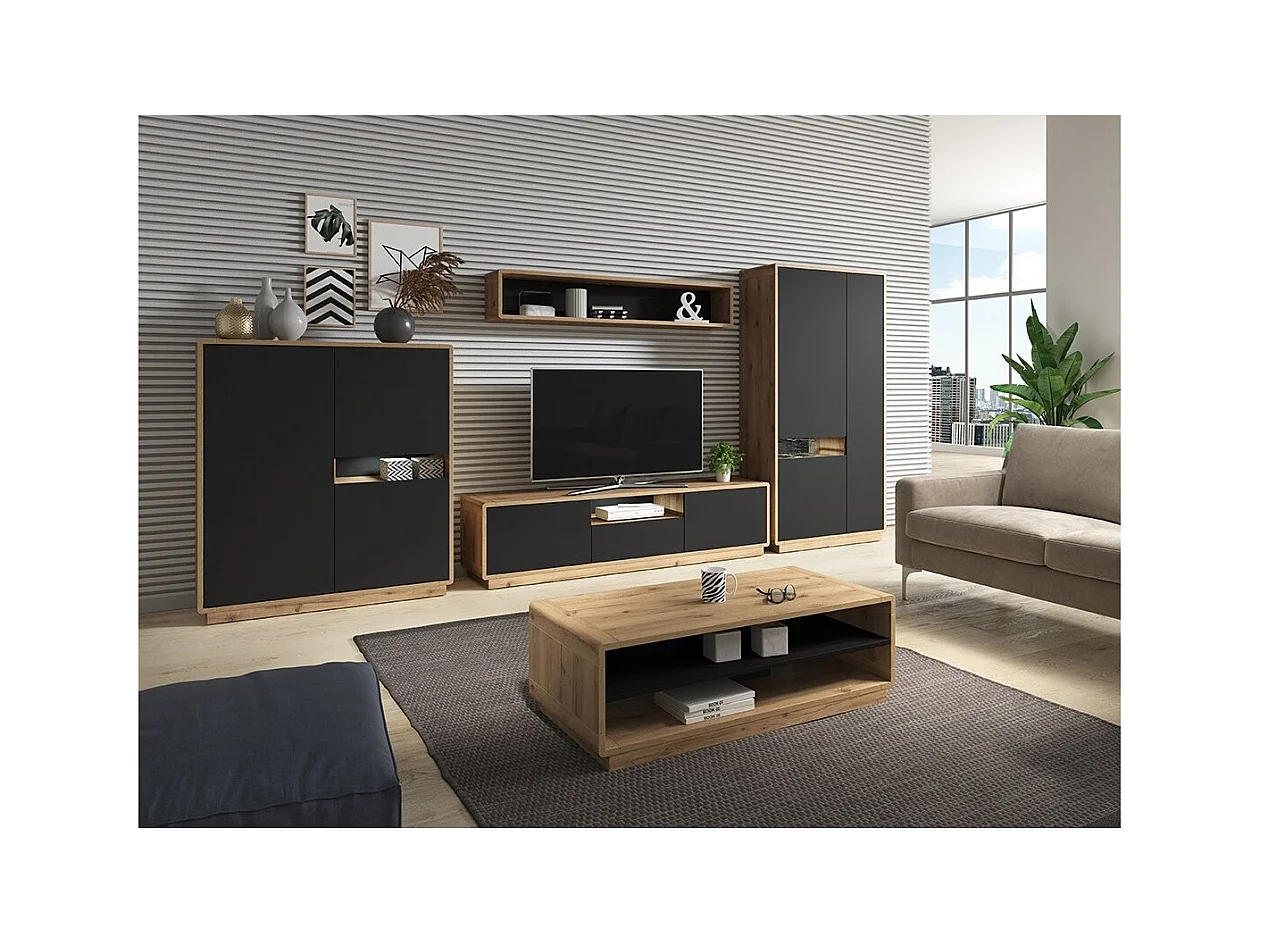 Ensemble de 5 meubles de salon collection VILLA. Couleur chêne et noir mat.