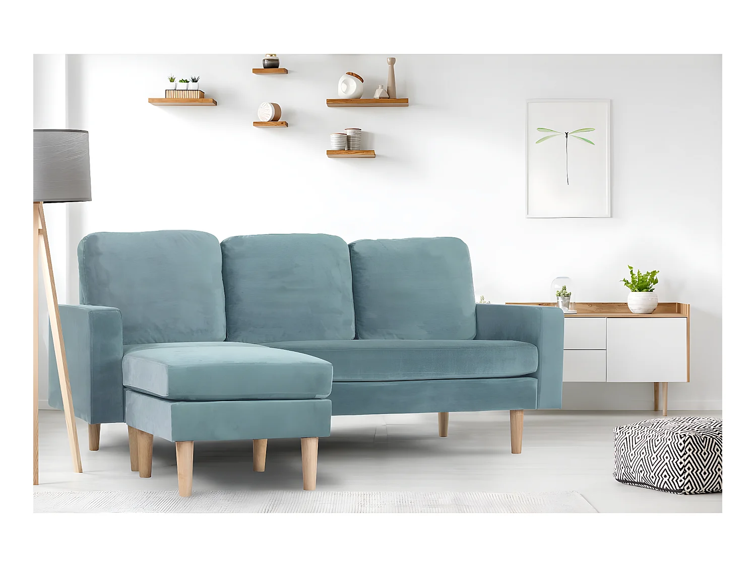 Ecksofa reversibel aus Samt "Gabby" - 3-Sitzer - Entenblau