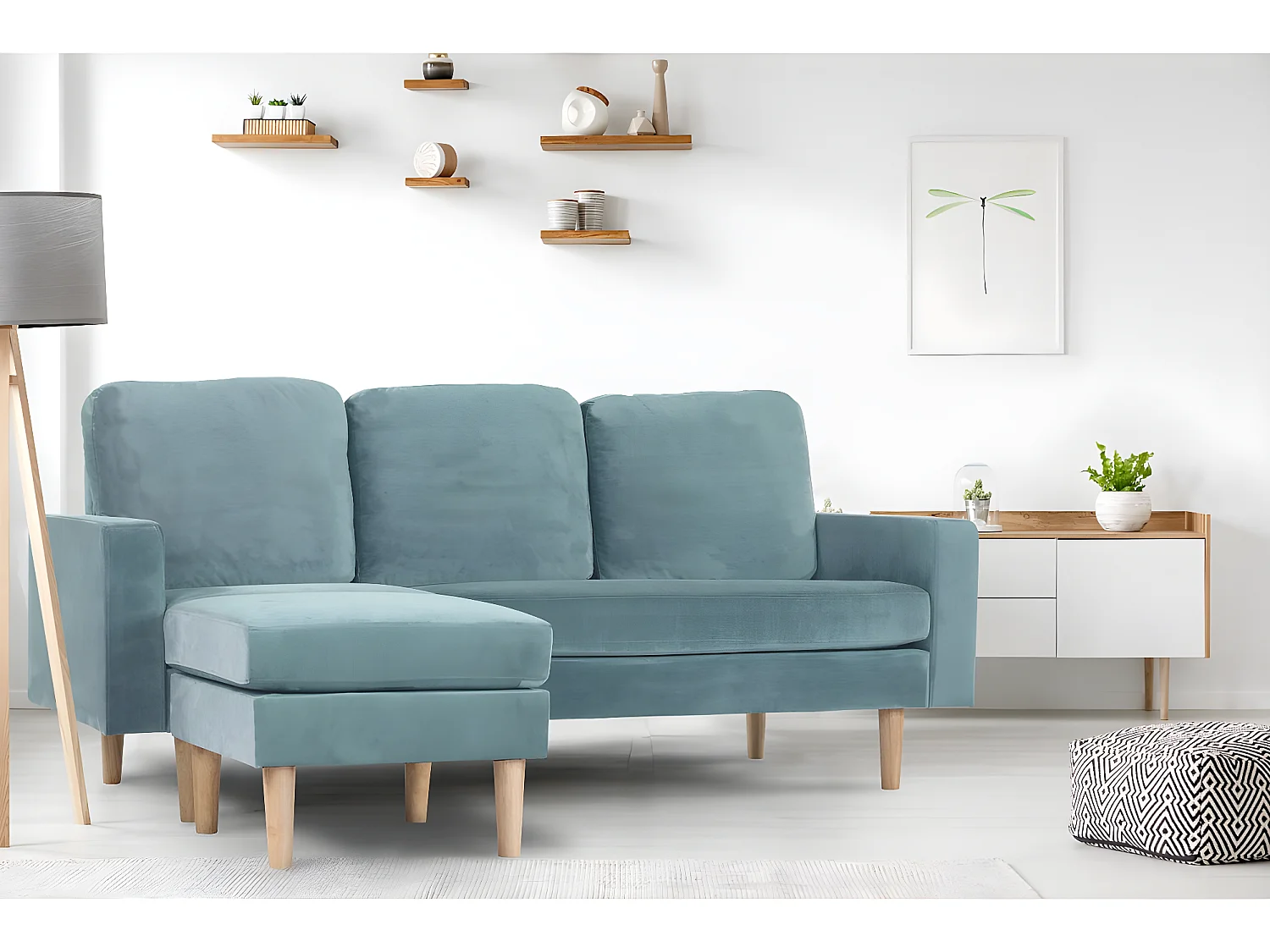 Canapé d'angle réversible en velours "Gabby" - 3 places - Bleu Canard