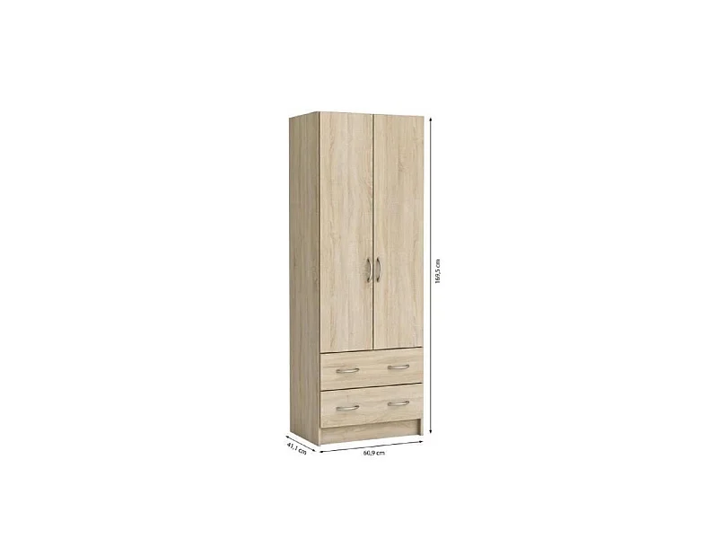 Kleiderschrank mit gebürstetem Eichendekor, 2 Türen und 2 Schubladen 61 cm