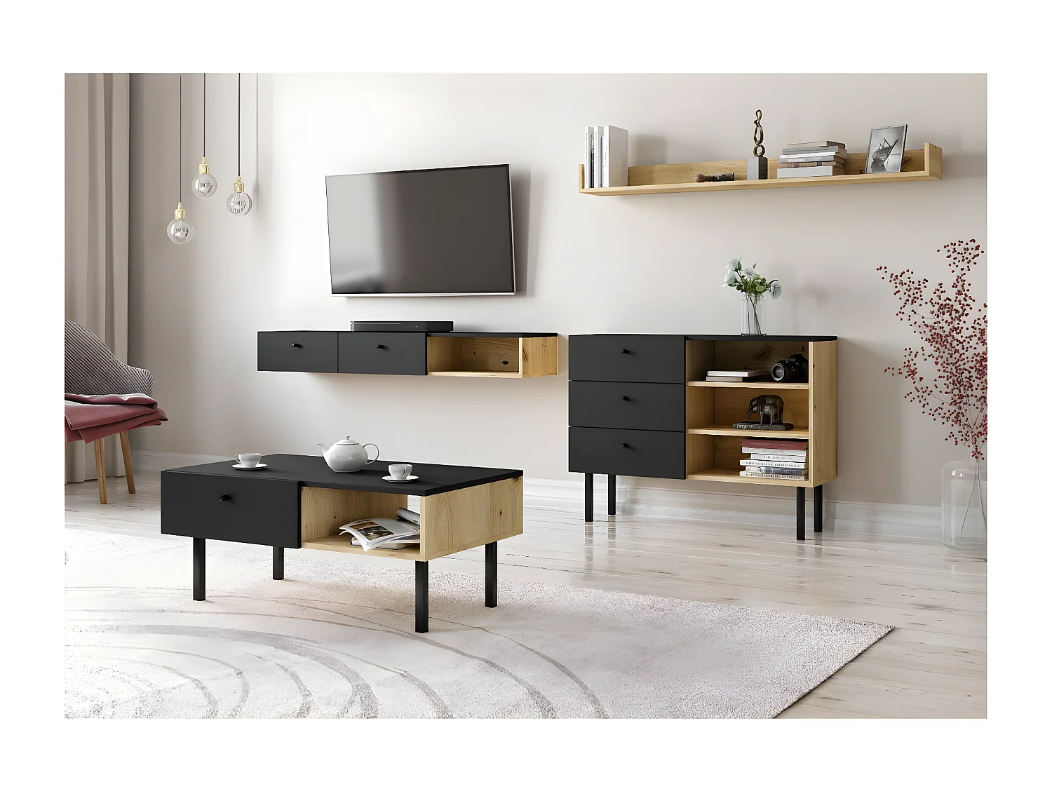 Ensemble de salon style scandinave RULIA coloris noir mat et chêne.