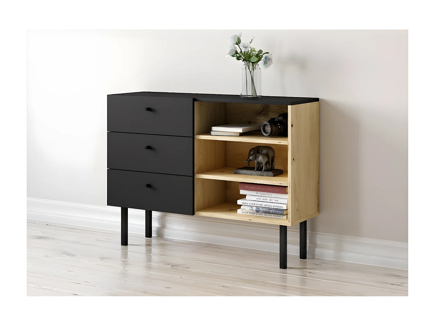 Ensemble de salon style scandinave RULIA coloris noir mat et chêne.