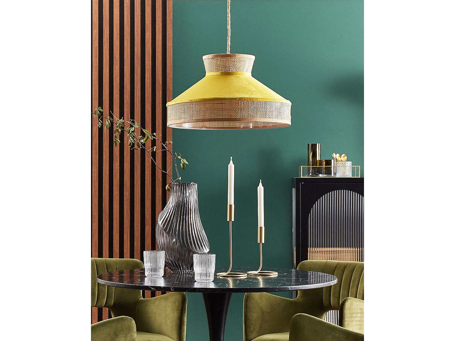 Hängelampe Samtstoff gelb Rattangeflecht natürlich Kegelform 1-flammig Batali