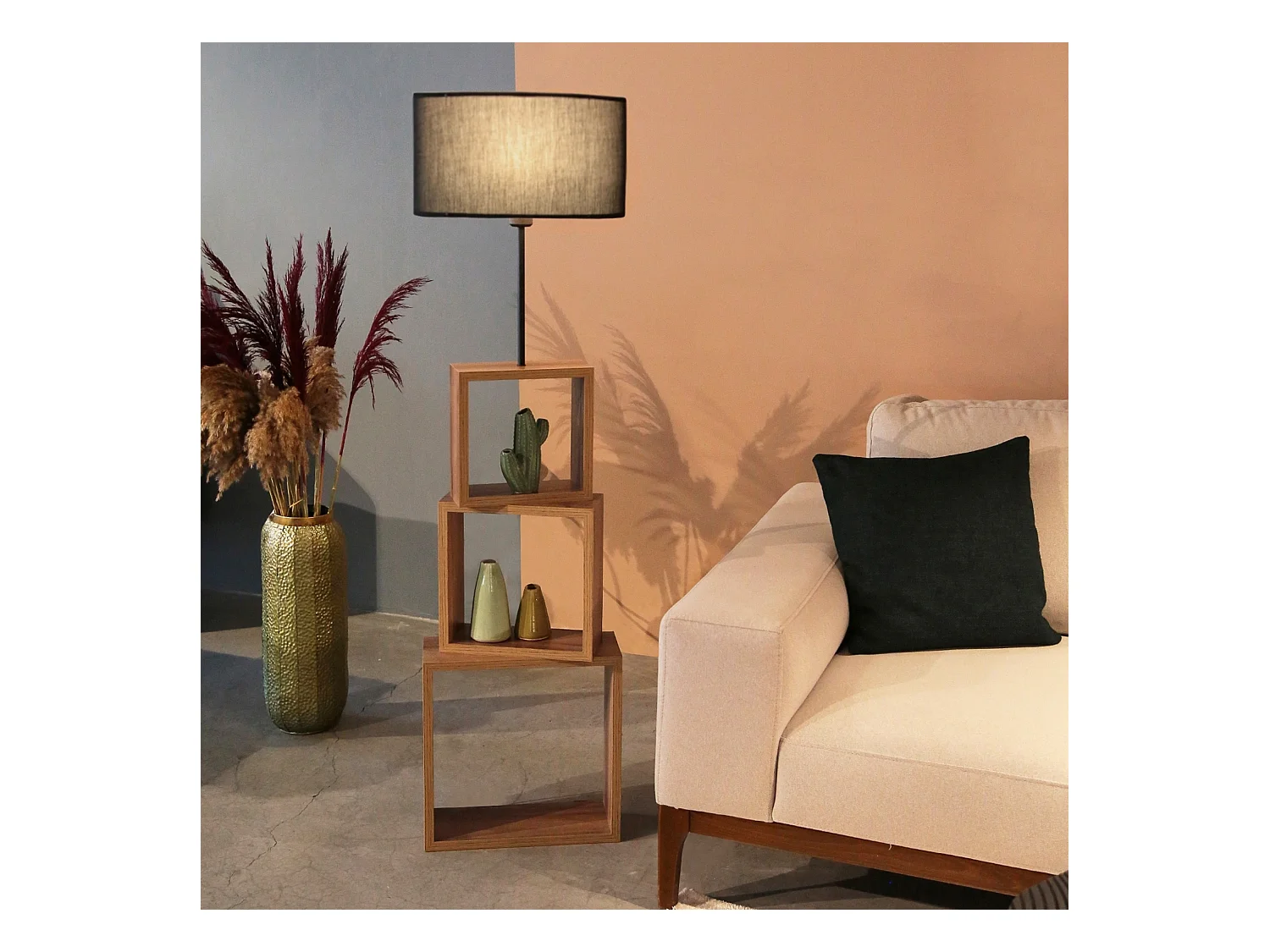 Lampadaire Mansfield avec étagère hauteur 140 cm E27 effet bois / noir [lux.pro]