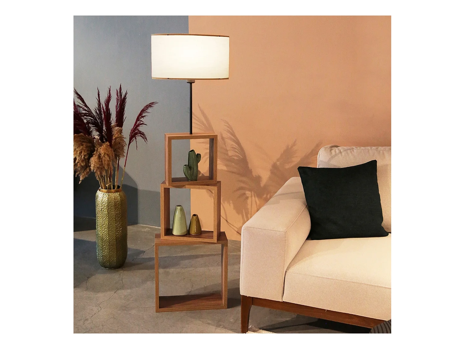 Lampadaire Mansfield avec étagère hauteur 140 cm E27 effet bois / noir / crème [lux.pro]