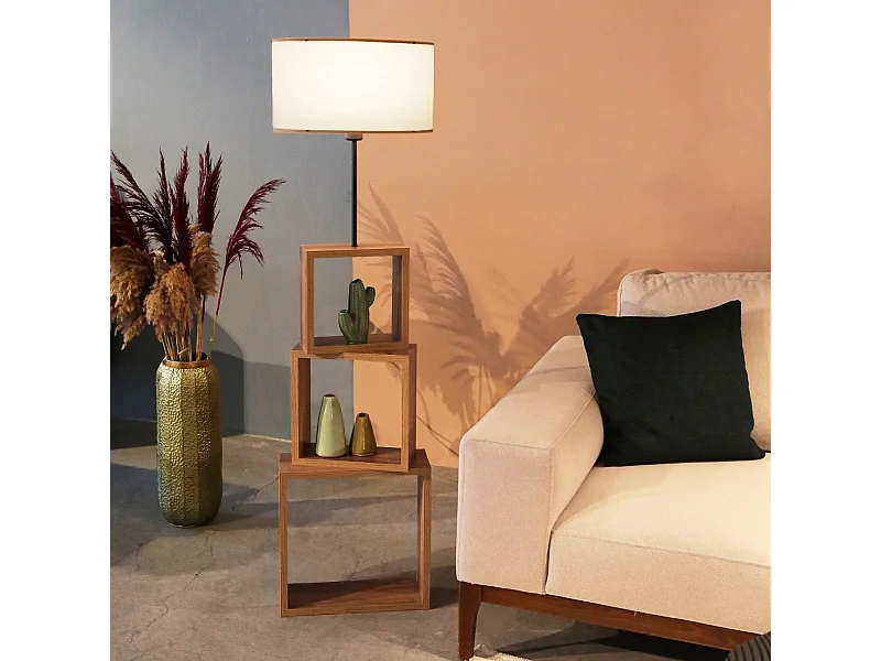 Lampadaire Mansfield avec étagère hauteur 140 cm E27 effet bois / noir / crème [lux.pro]