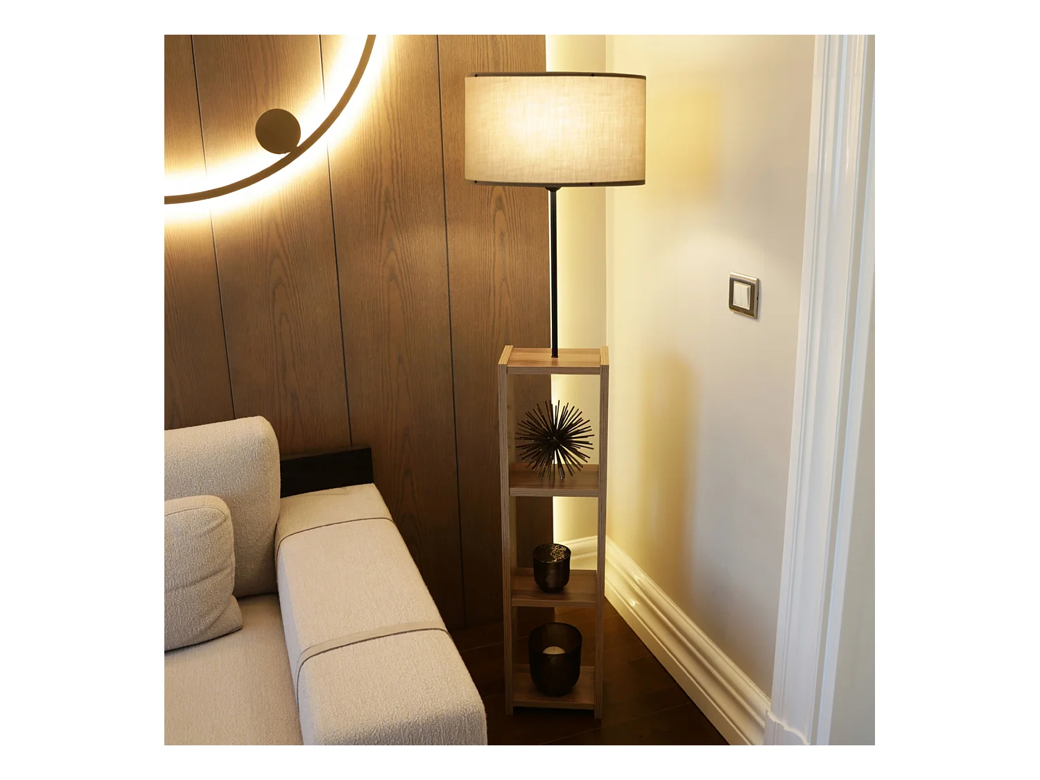 Lampadaire Redditch avec étagère hauteur 150 cm E27 effet bois / noir / beige [lux.pro]