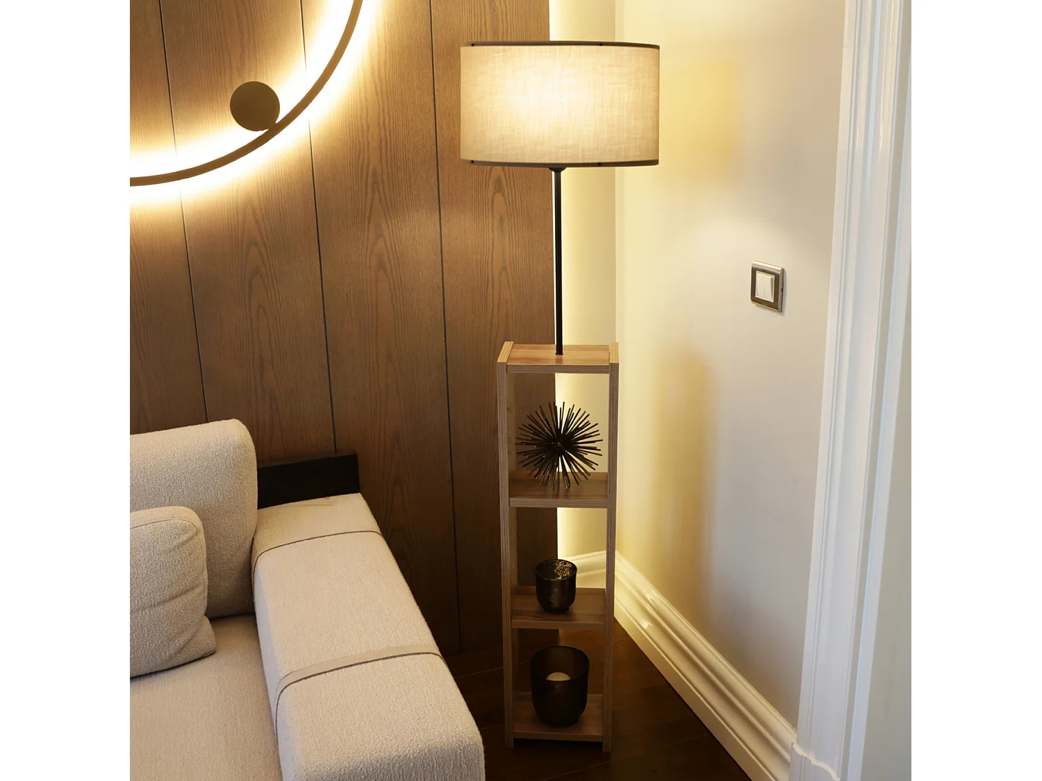 Lampadaire Redditch avec étagère hauteur 150 cm E27 effet bois / noir / beige [lux.pro]