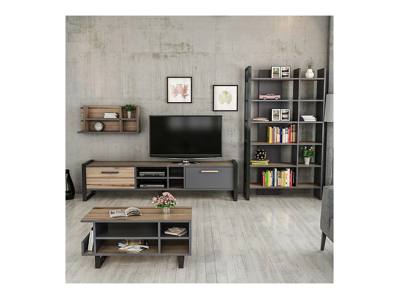 Salon complet Leno chêne clair et gris