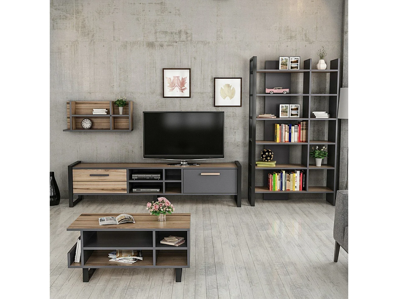 Salon complet Leno chêne clair et gris