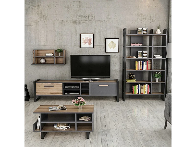 Salon complet Leno chêne clair et gris