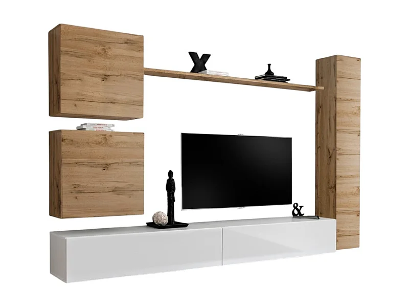 Wohnzimmer-Wandmöbelset SWITCH VIII. Design-Wand-TV-Möbel in glänzendem Weiß und Wotan-Eiche.
