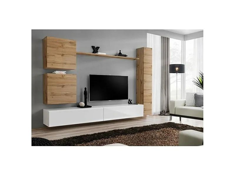 Conjunto de móveis para sala de estar SWITCH VIII. Móvel de TV de parede, design moderno, nas cores branco brilhante e carvalho Wotan.