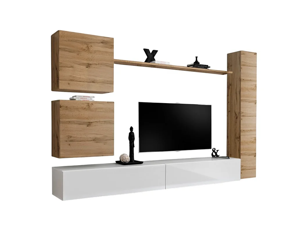 Wandmeubelset voor woonkamer SWITCH VIII. Design tv-meubel aan de muur, in glanzend wit en Wotan eiken kleur.