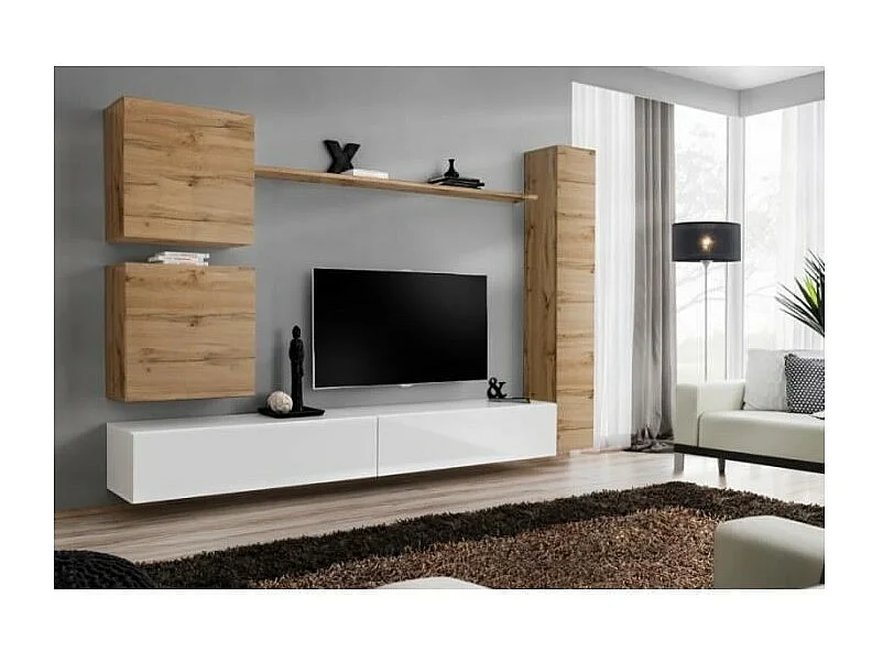 Ensemble meuble salon mural SWITCH VIII.Meuble TV mural design, coloris blanc brillant et chêne Wotan.