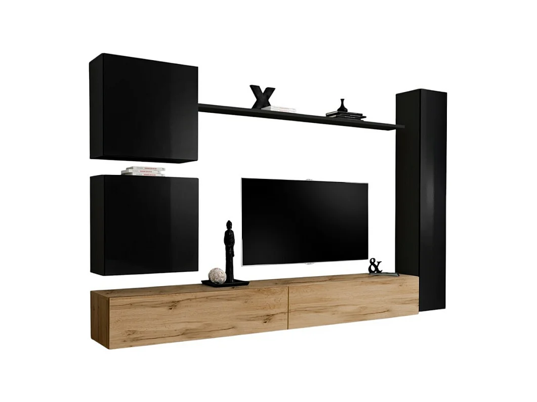 Wohnzimmermöbel Set, Wandmontage, SWITCH VIII. Design Wand-TV-Möbel, Farben Wotan Eiche und glänzend Schwarz.