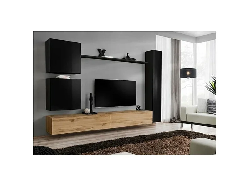 Wohnzimmermöbel Set, Wandmontage, SWITCH VIII. Design Wand-TV-Möbel, Farben Wotan Eiche und glänzend Schwarz.