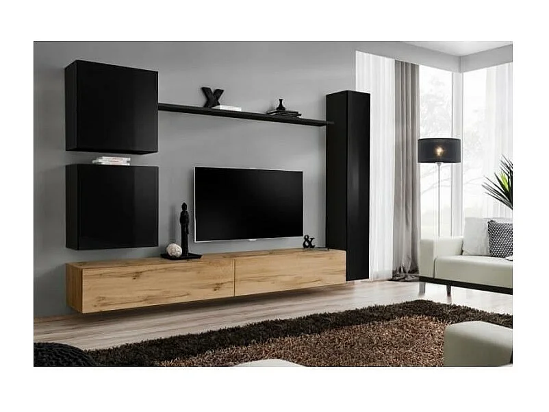 Ensemble meuble pour salon, mural, SWITCH VIII.Meuble TV mural design, coloris chêne Wotan et noir brillant.