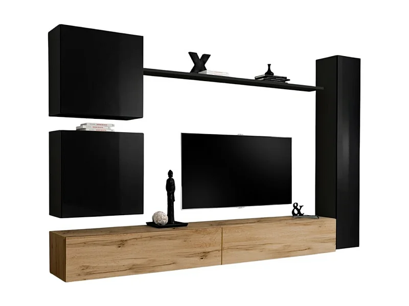 Conjunto de muebles para sala, mural, SWITCH VIII. Mueble de TV mural de diseño, color roble Wotan y negro brillante.