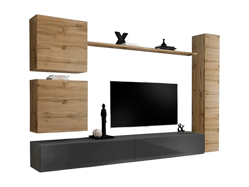 Wohnzimmermöbel-Set, SWITCH VIII. Wand-TV-Möbel im modernen Design, in glänzendem Grau und Wotaneiche.