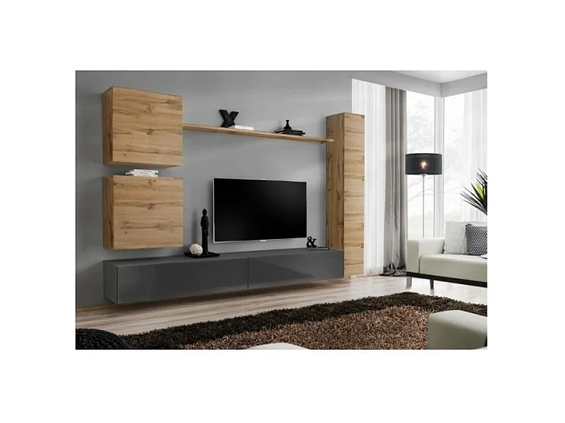 Conjunto de móveis para sala de estar, SWITCH VIII. Móvel de TV de parede, design moderno, na cor cinza brilhante e carvalho Wotan.