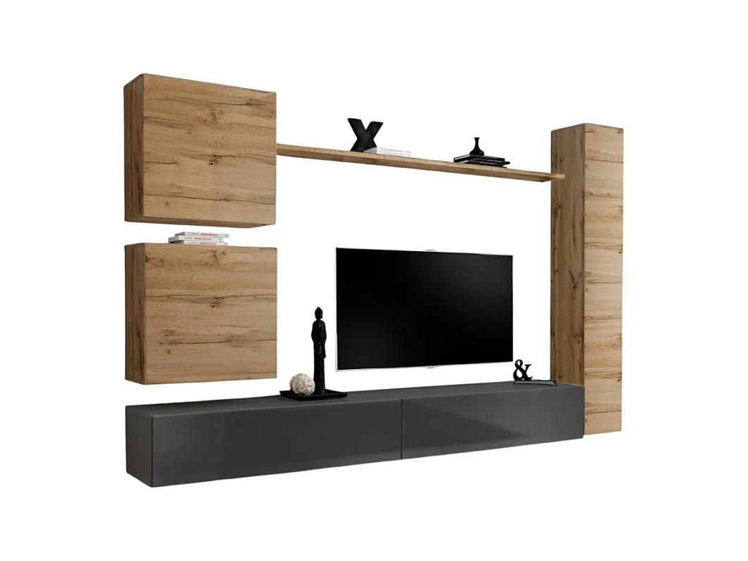 Woonkamermeubelset, SWITCH VIII. Design wandmeubel voor TV, in glanzend grijs en Wotan eiken kleur.