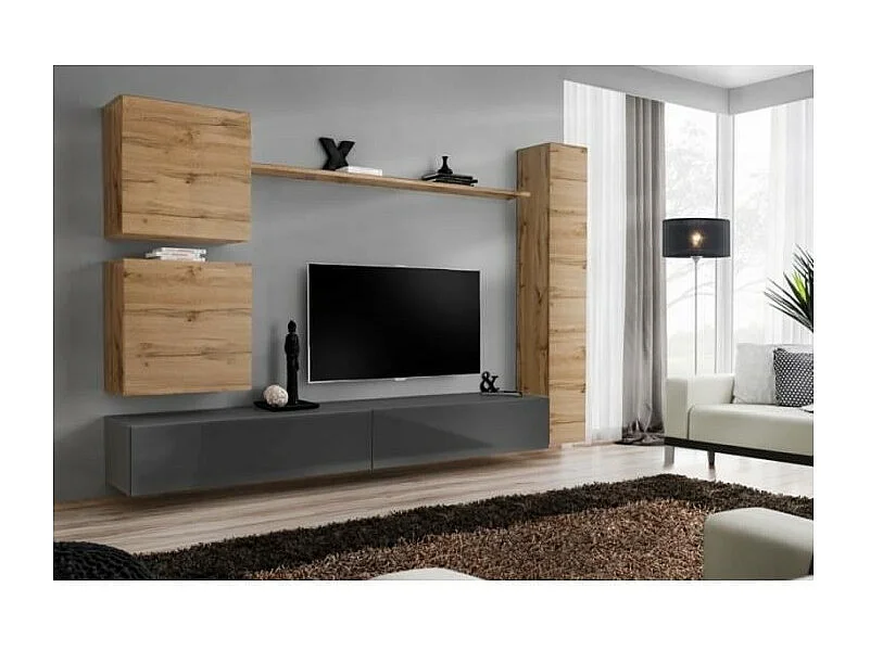 Ensemble de meuble de salon, SWITCH VIII.Meuble TV mural design, coloris gris brillant et chêne Wotan.