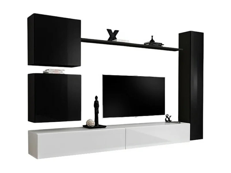Conjunto de móveis para sala de estar SWITCH VIII. Móvel de TV de parede design, nas cores branco e preto brilhante.