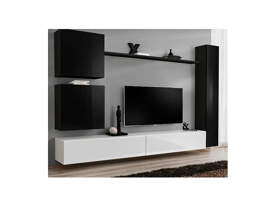 Conjunto de móveis para sala de estar SWITCH VIII. Móvel de TV de parede design, nas cores branco e preto brilhante.