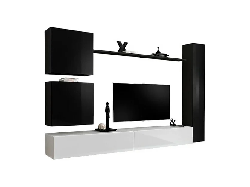Wandmeubelset voor de woonkamer SWITCH VIII. Design wandmeubel voor de tv, in glanzend wit en zwart.