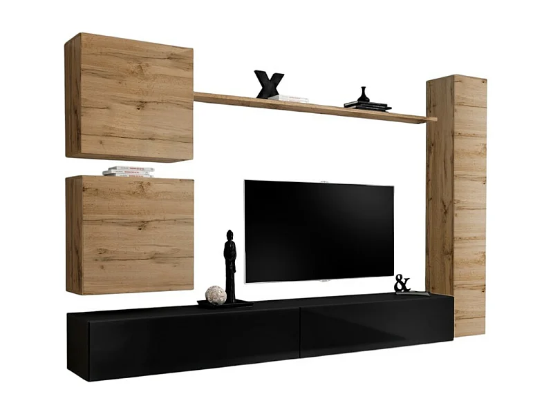 Wohnzimmerwand-Set SWITCH VIII. Designer TV-Wandmöbel, in glänzendem Schwarz und Wotan-Eiche.