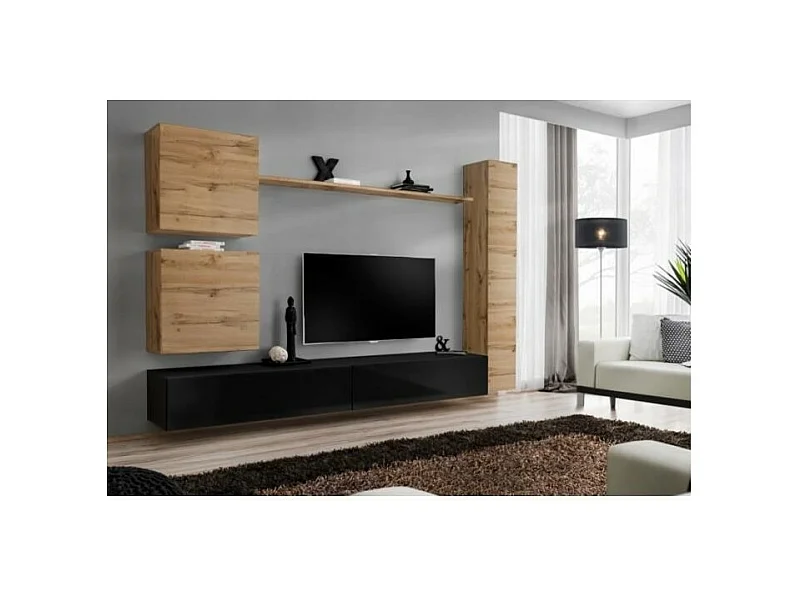 Conjunto de móveis para sala de estar SWITCH VIII. Móvel de TV de parede design, cor preto brilhante e carvalho Wotan.