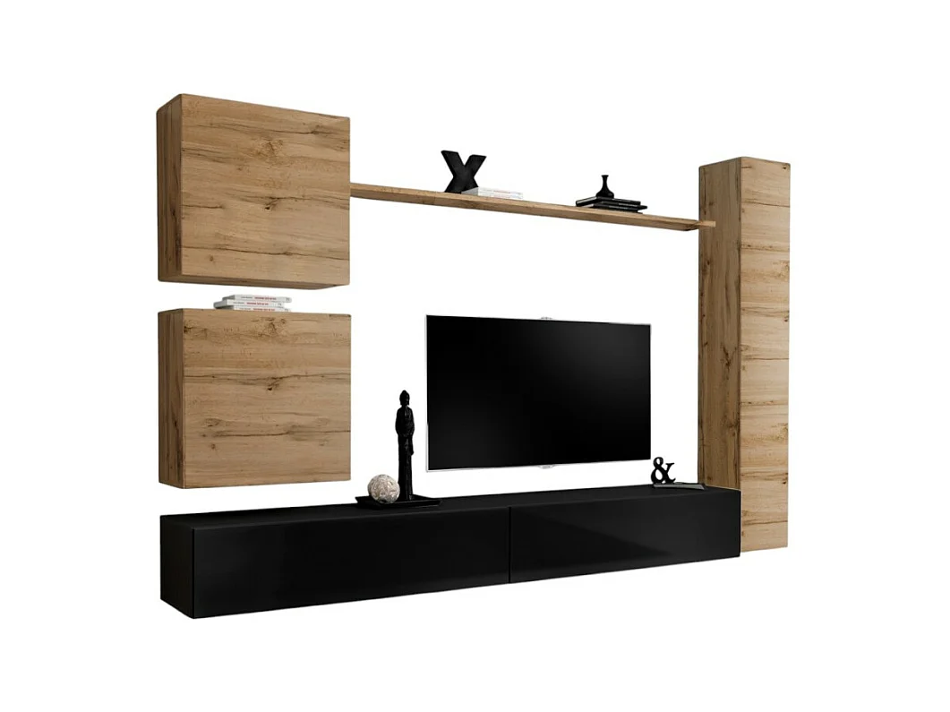 Wandmeubelset voor de woonkamer SWITCH VIII. Design wandmeubel voor de TV, in glanzend zwart en Wotan eiken kleur.