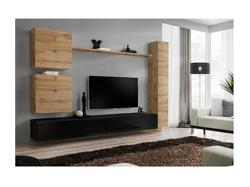 Ensemble meuble salon mural SWITCH VIII.Meuble TV mural design, coloris noir brillant et chêne Wotan.