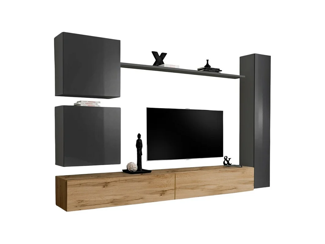 Wohnzimmermöbel-Set SWITCH VIII. Design-Wand-TV-Möbel, Farbe Wotan Eiche und glänzend Grau.