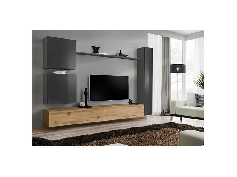Wohnzimmermöbel-Set SWITCH VIII. Design-Wand-TV-Möbel, Farbe Wotan Eiche und glänzend Grau.
