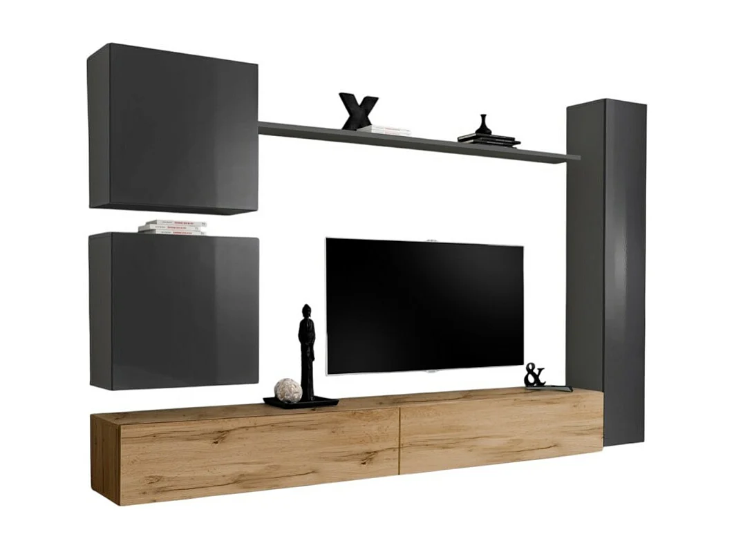 Wohnzimmermöbel-Set SWITCH VIII. Design-Wand-TV-Möbel, Farbe Wotan Eiche und glänzend Grau.