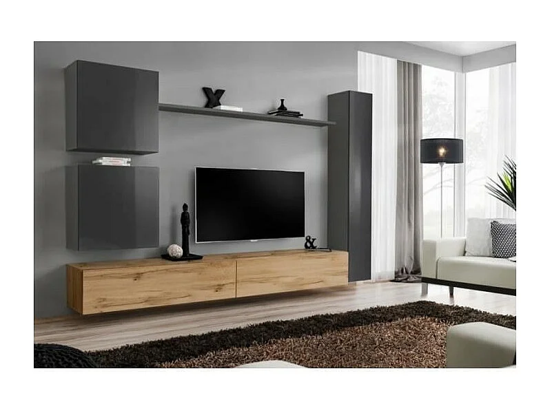 Wohnzimmermöbel-Set SWITCH VIII. Design-Wand-TV-Möbel, Farbe Wotan Eiche und glänzend Grau.