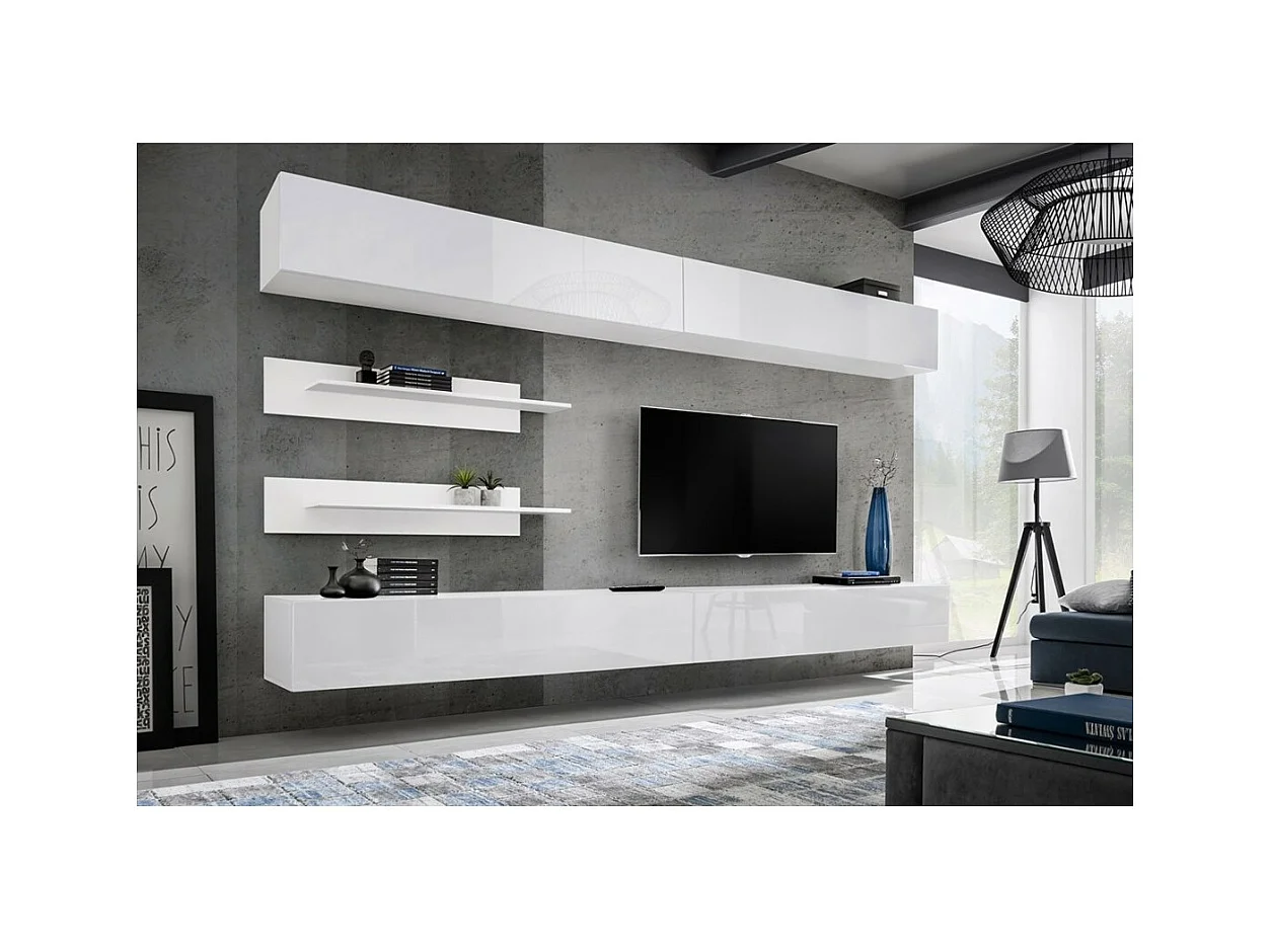 Conjunto de móveis suspensos FLY. Cores branco fosco e branco brilhante.