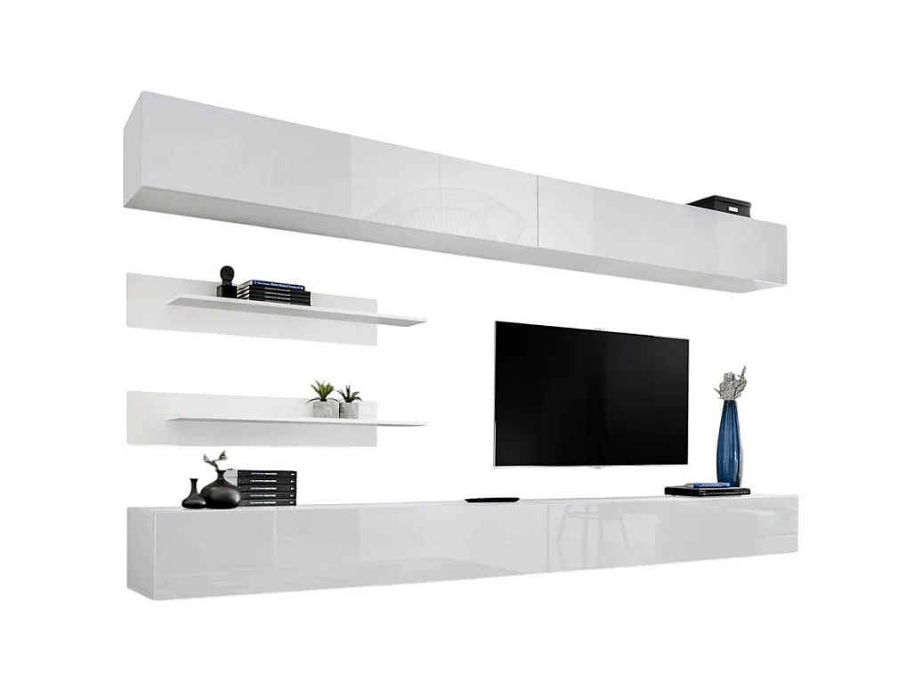 Ensemble de meubles suspendus FLY. Coloris blanc mat et blanc brillant.