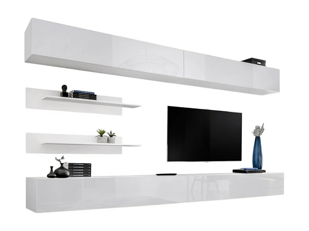 Ensemble de meubles suspendus FLY. Coloris blanc mat et blanc brillant.