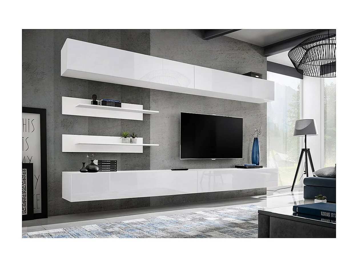 Ensemble de meubles suspendus FLY. Coloris blanc mat et blanc brillant.